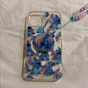 Disney Stitch Clear Case with Blue and Pink Chain IPhone 13/14 and Pop Socket